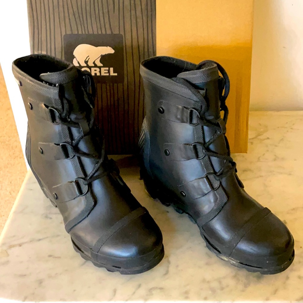 SOREL Joan Rain Wedge Blk Sea Salt 9.5
